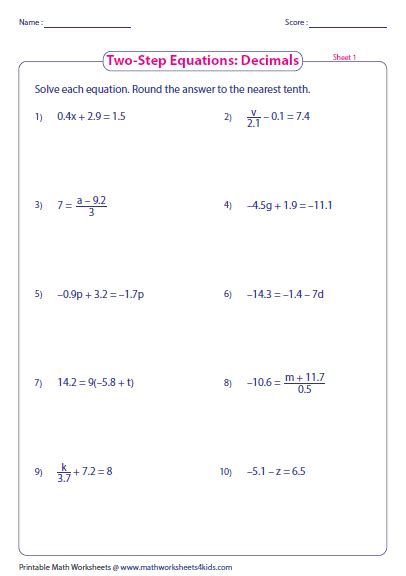 Two Step Equations With Decimals Worksheet