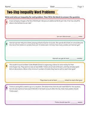 Two Step Inequality Word Problems Worksheet