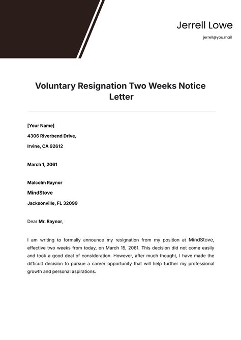 Two Week Letter Of Resignation Template