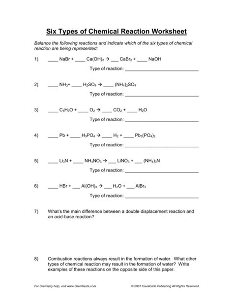 Types Of Chemical Reaction Worksheet Ch 7 Answers