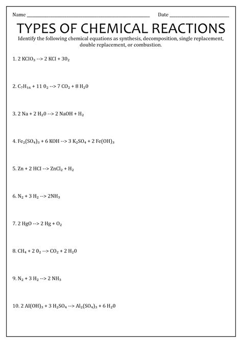 Types Of Chemical Reaction Worksheet Practice Answers Reactions