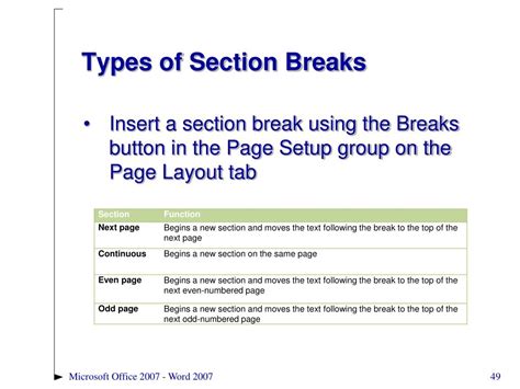 Types of Section Breaks