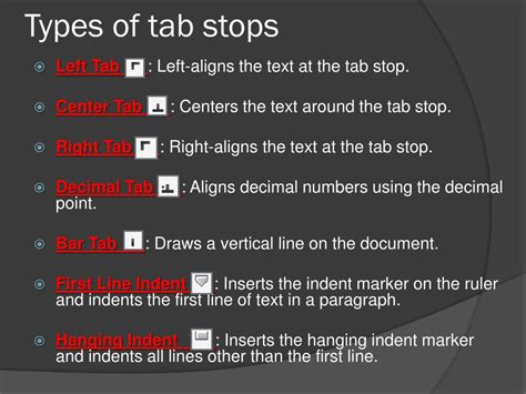 Types of Tab Stops: