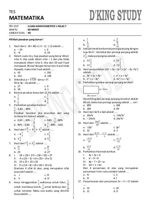 Ulangan Tengah Semester Matematika Kelas 7 Kurikulum 2013 Semester 1: Tes dan Kunci Jawaban