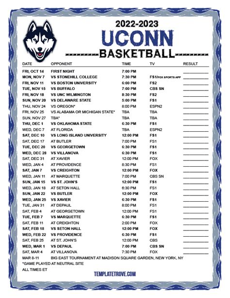 Uconn Mens Basketball Printable Schedule