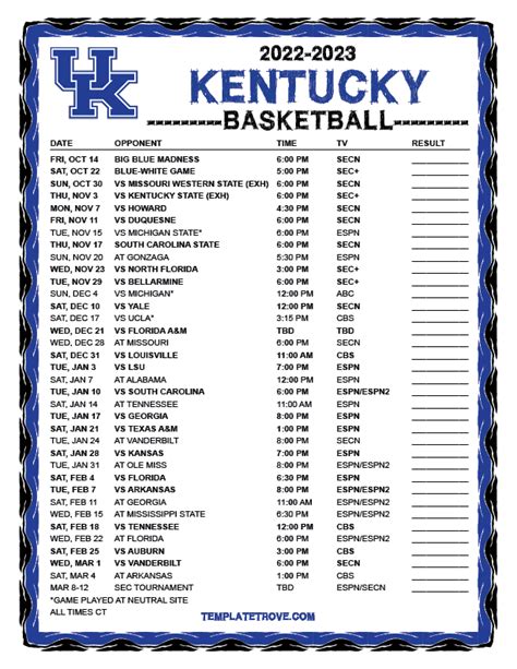 Uk Basketball Schedule 2022-23 Printable
