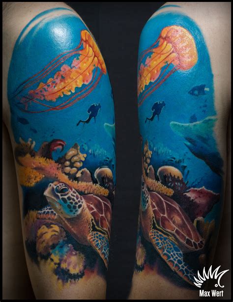 Incredible under the sea photo realistic back tattoo by