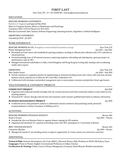Undergraduate Student College Transfer Resume Examples