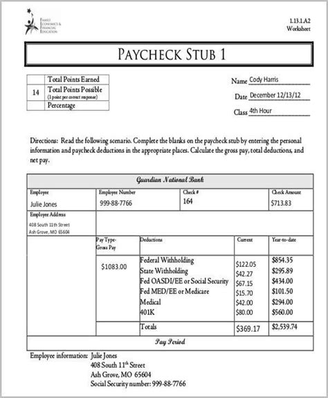 Understanding Your Pay Stub Worksheet Answers