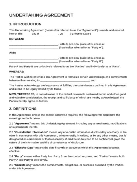 Undertaking Agreement Template | HQ Printable Documents