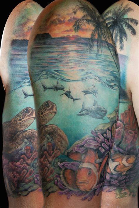Underwater scene realism tattoo sleeve with turtle by