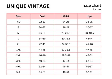 Unique Vintage Size Chart