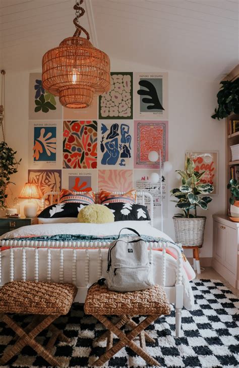 Unique artwork and prints in boho bedroom