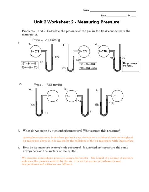 Unit 2 Worksheet 2 Measuring Pressure Answer Key