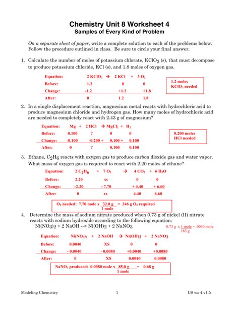 Unit 3 Worksheet 1 Chemistry Answer Key