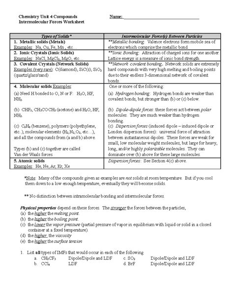 Unit 4 Worksheet 1 Chemistry