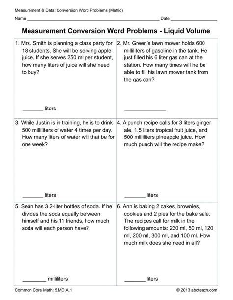 Unit Conversion Word Problems Worksheet