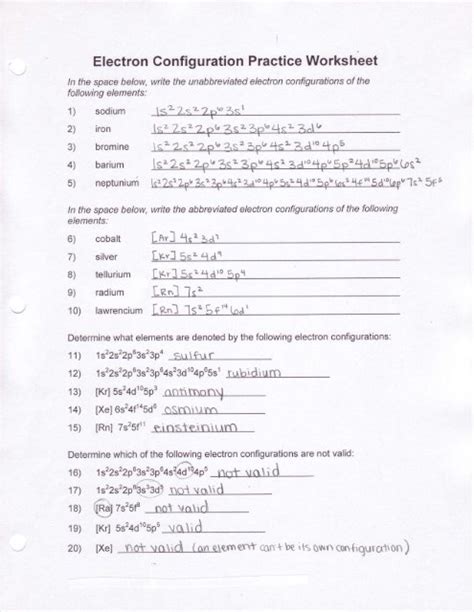 Unit Electron Configurations Worksheet 1 Answer Key