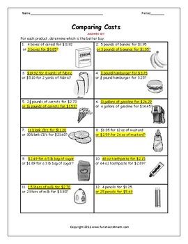 Unit Rate: Comparing Costs Worksheet by Funsheets4math | TpT