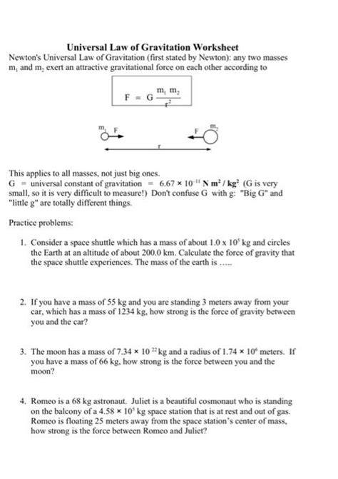 Universal Gravitation Worksheet