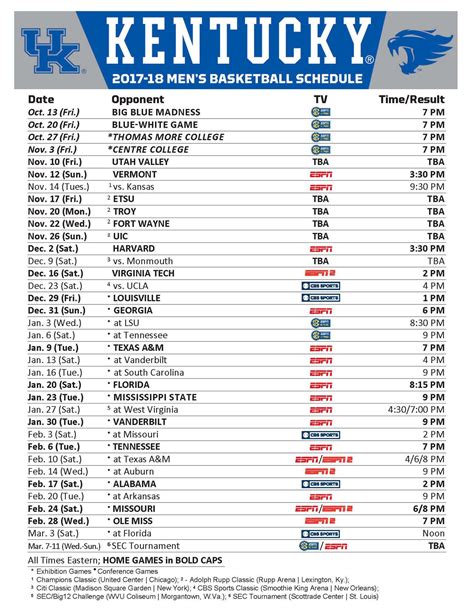 University Of Kentucky Men's Basketball Schedule Printable