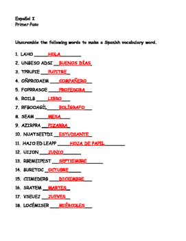 Unscramble Spanish Words Worksheet