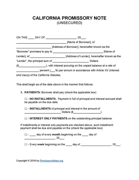 Unsecured Promissory Note Template California