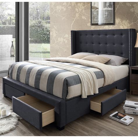 DG Casa Argo Tufted Upholstered Panel Bed Frame with Storage Drawers and Nailhead Trim Headboard