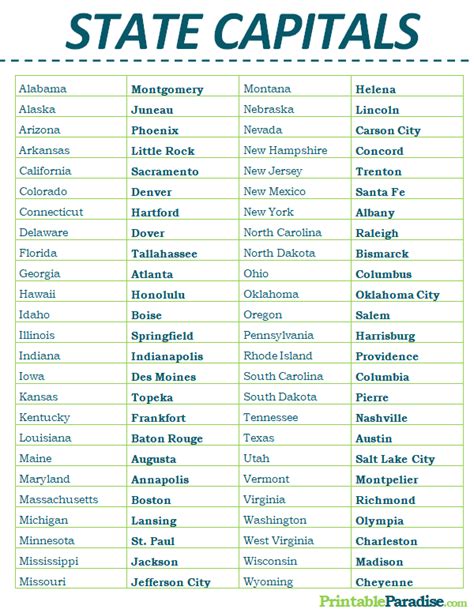 Us State Capitals Printable
