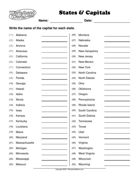 Us State Capitals Quiz Printable