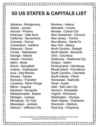 Us Capitals List Printable