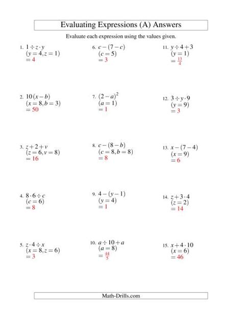 Variable Expressions Worksheet Answer Key