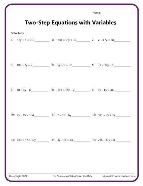 Variable Equations Worksheet
