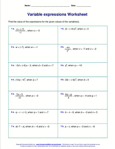 Variable Expression Worksheet Answer Key