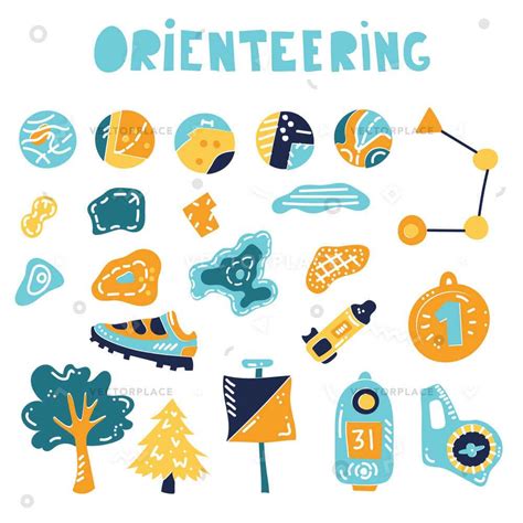 Vector Illustration Of Orienteering Map Signs. Large Set Of Map