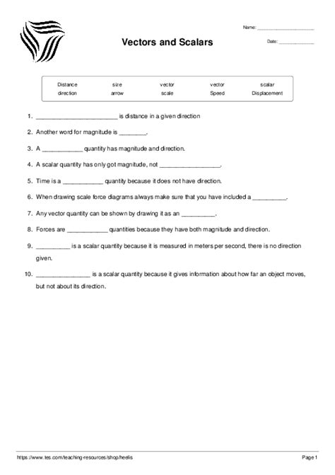 Vectors And Scalars Worksheet