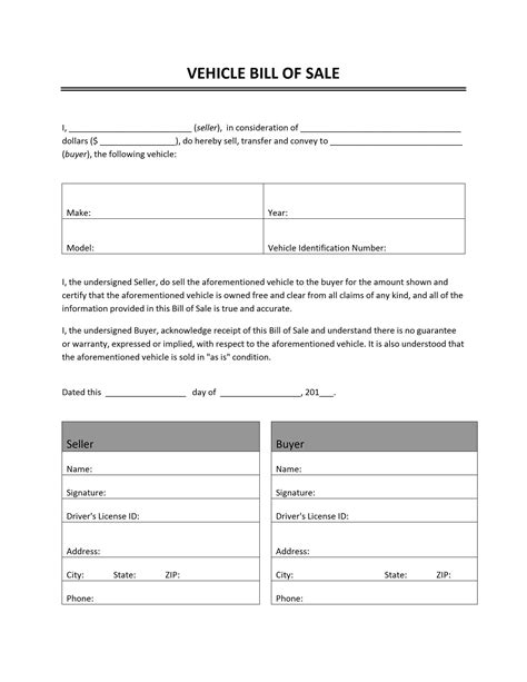 Vehicle Bill Of Sale Free Template