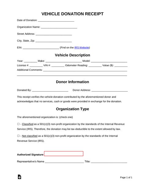 Vehicle Donation Receipt Template