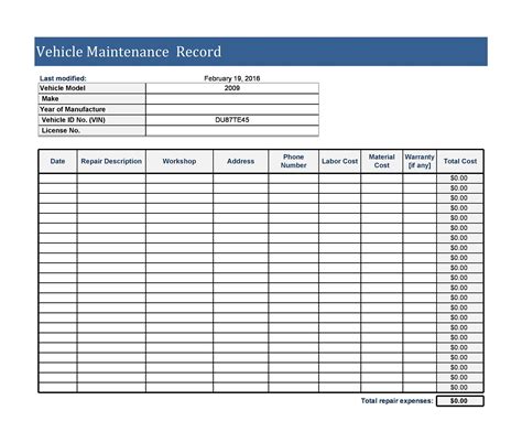 Vehicle Maintenance Log Excel Template
