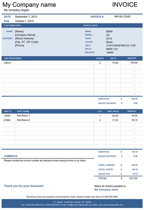 Vehicle Repair Invoice Template for Excel