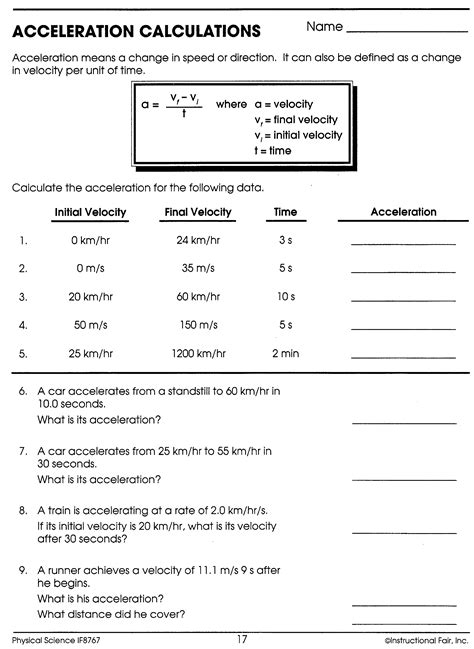 Velocity and Acceleration Calculation Worksheet Answer Key