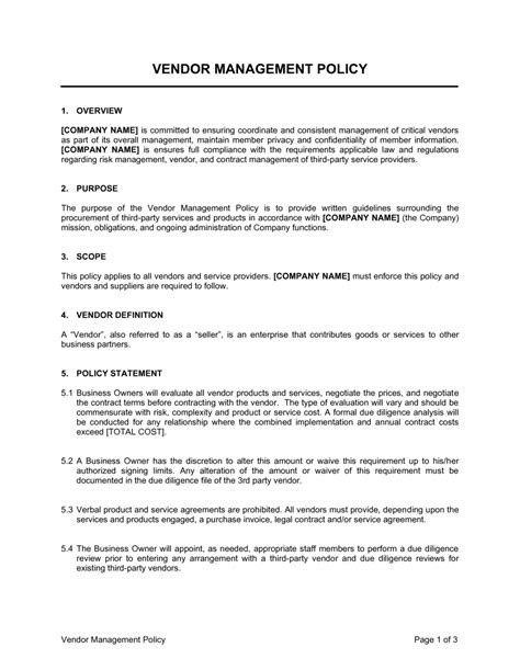 Top Vendor Management Policy Template Contract template, Policy