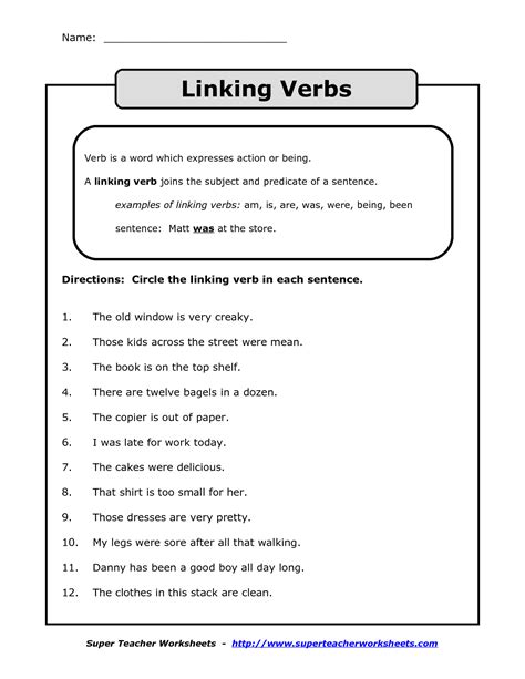 Verbs And Linking Verbs Worksheets