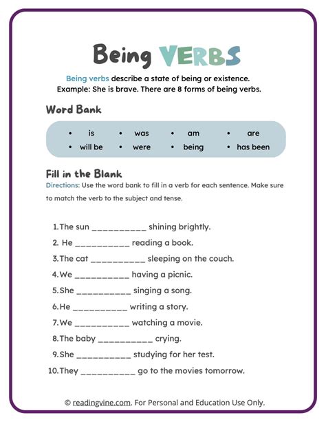 Verbs Of Being Worksheet