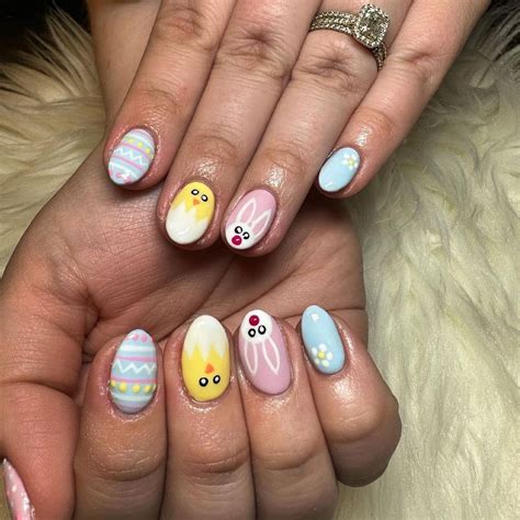 Easter nails chicks, flowers and poke dots in vibrant Shellac colours