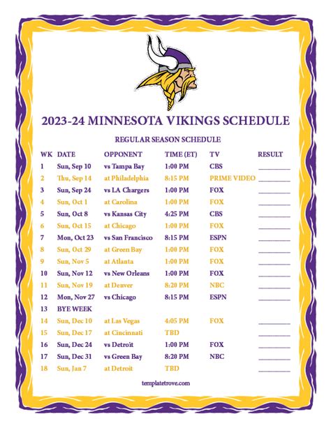 Vikings Schedule 2022-2024 Printable