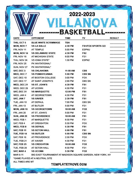 Villanova Basketball Schedule Printable