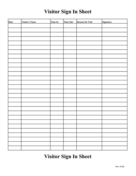 Visitor Sign In Sheet Template Word Free
