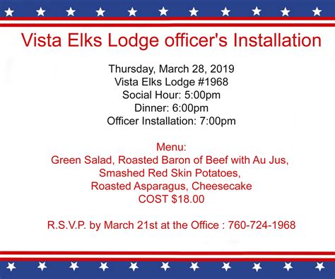 Vista Elks Lodge Calendar