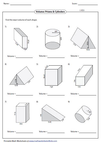 Volume Of Prisms Pyramids Cylinders And Cones Worksheet Answers